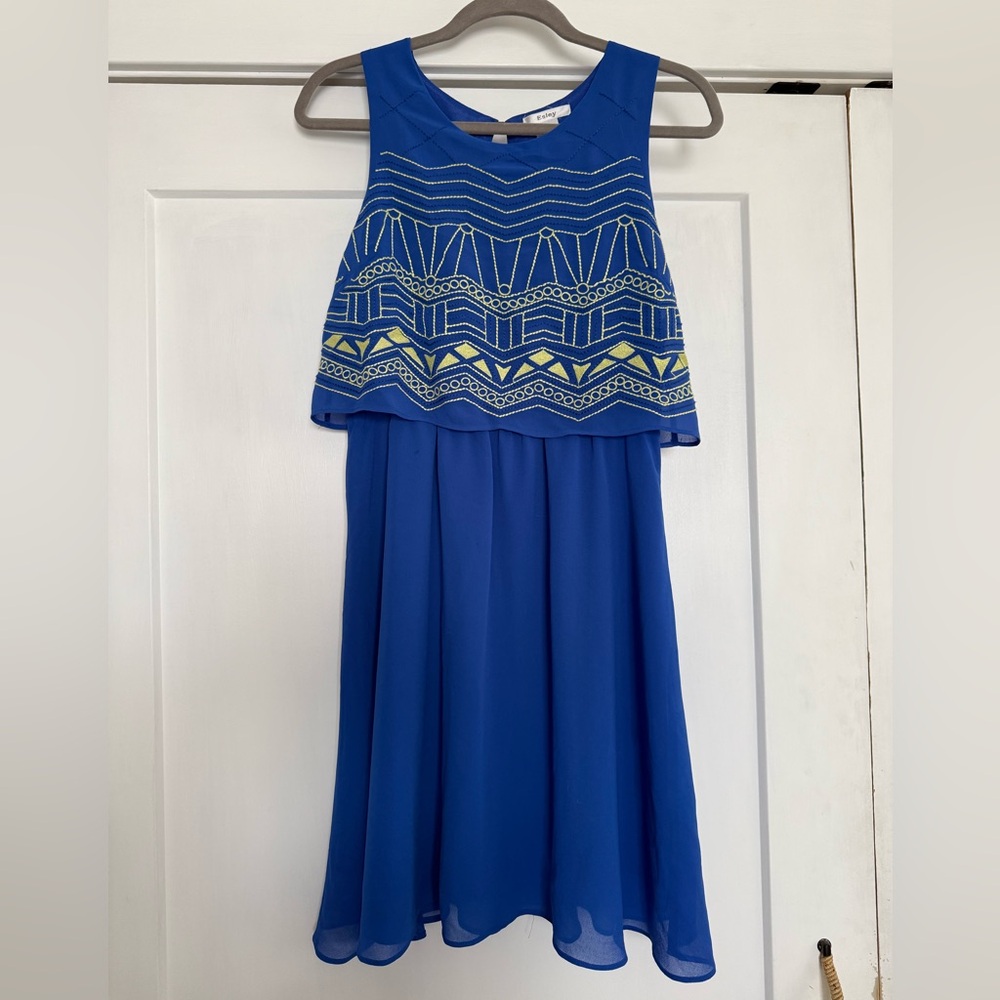 Blue Chiffon dress with green embroidery. Lined.